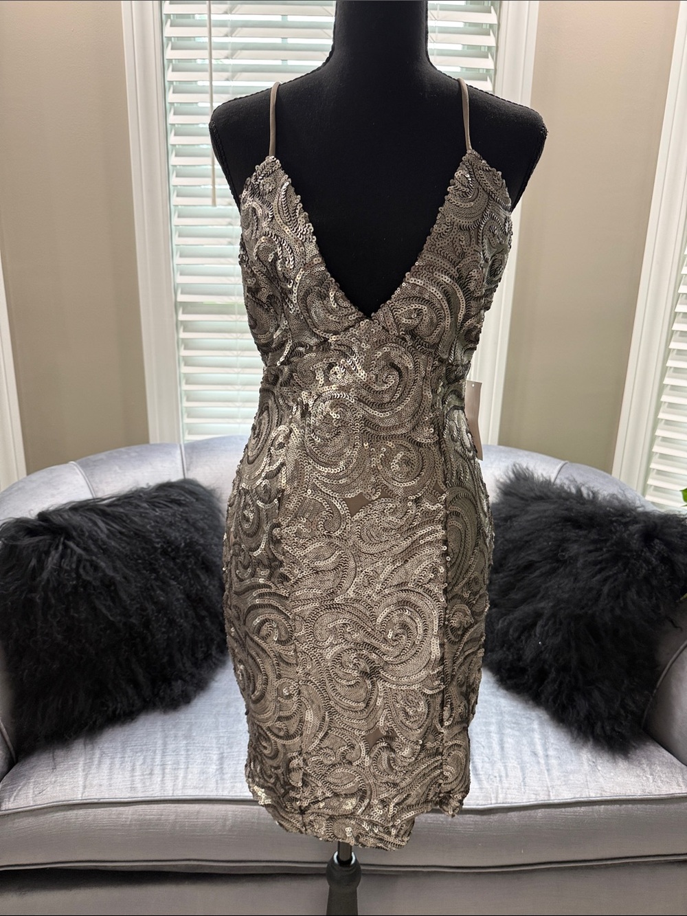 Sequin Embellished Taupe V-Neck Slip Dress